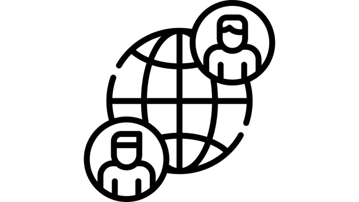 ZU sehen ist eine Kugel die, die Erde darstellen soll. Sie ist mit einem Gitter umspannt. Oben rechts und unten links befinden sich zwei Menschen in einem Kreis.